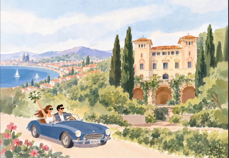 The couple’s original illustrated invitation