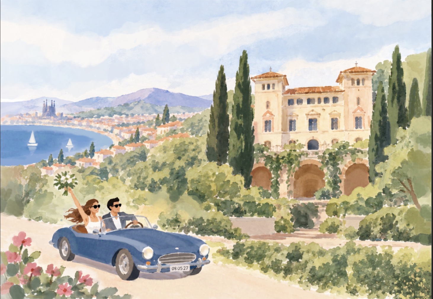 The original watercolour invitation: a couple in a blue convertible, Mediterranean coast, cypress trees and a sunlit villa.